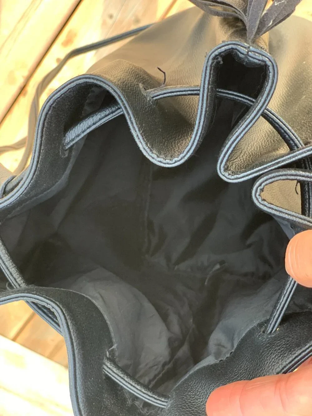 Victoria’s Secret Black Fringe Backpack Faux Leather Drawstring Bucket Bag Purse